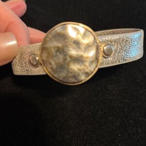 Textured Silver and Gold Cuff Bracelet with Hammered Round Accent